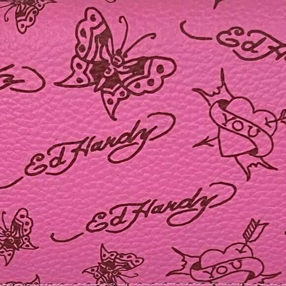 Ed Hardy Zip Around Wallet Wristlet Pink Tiger Vegan Leather Card Slot Pockets - Picture 10 of 14